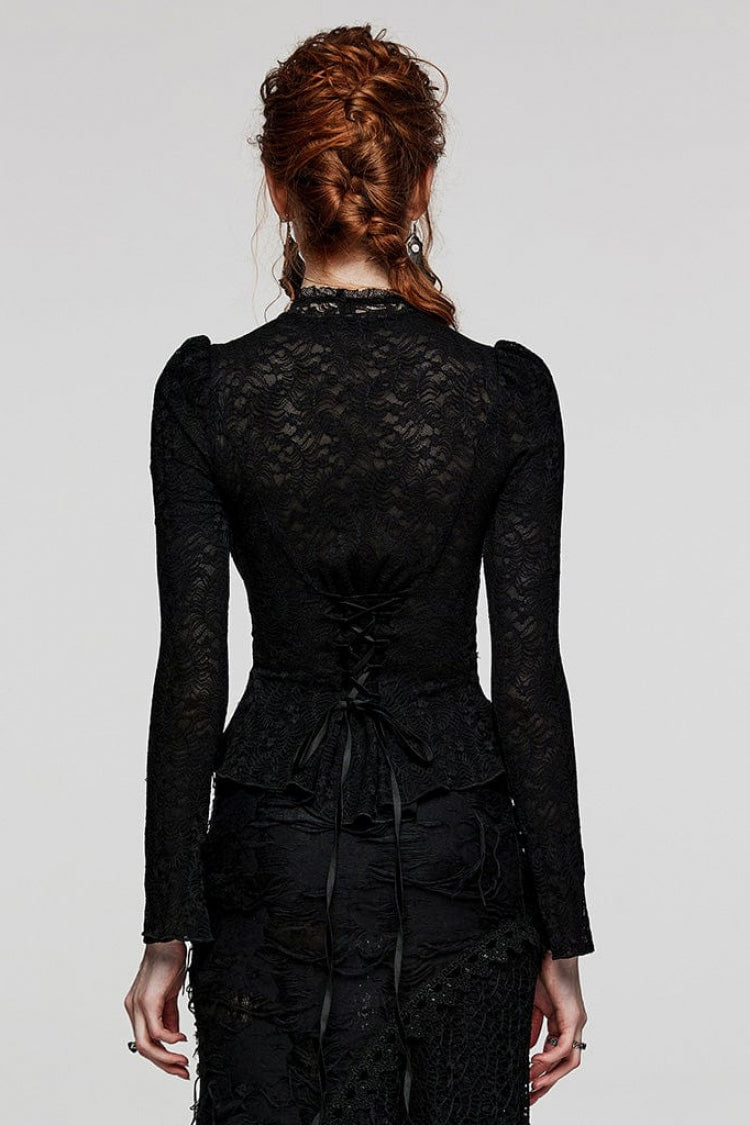 Raven Stand-Collar Long-Sleeve Lace Sheer Print Gothic Blouse for Women