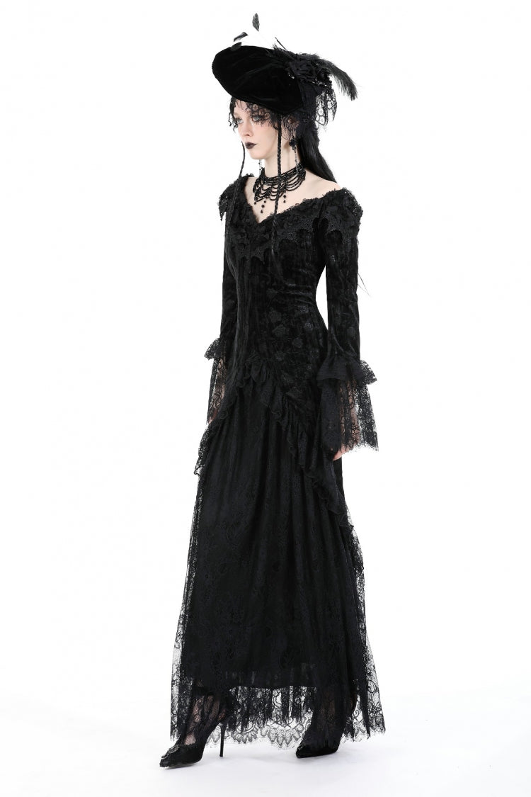 Off Shoulder Lace Long Trumpet Sleeves Lace-Up Gothic Bodycon Dress