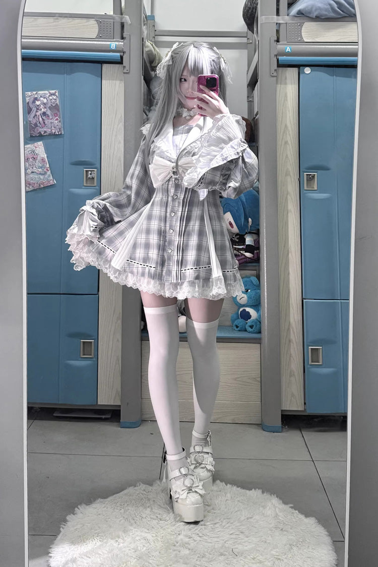 Sweet Square-Collar Bow Lace Pearl Jirai Kei Dress & Short Set