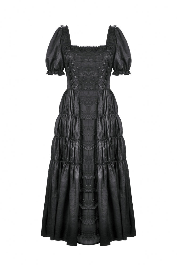 Square Collar Short Puff Sleeve Lace-Up Ruched Gothic Wedding Dress for Women Lace