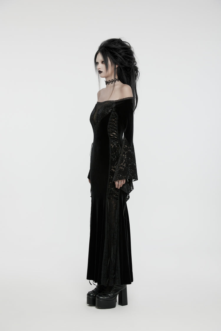 Black Off-Shoulder Long Trumpet Sleeve Embroidered Lace Lace-Up Gothic Palace Velvet Dress