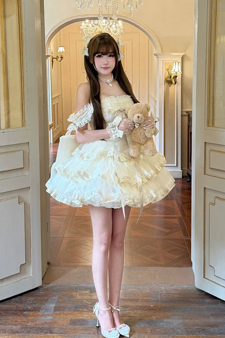 Apricot Sweet Lolita Dress with Off Shoulder Triple-Layer Ruffles and Bowknot Accents