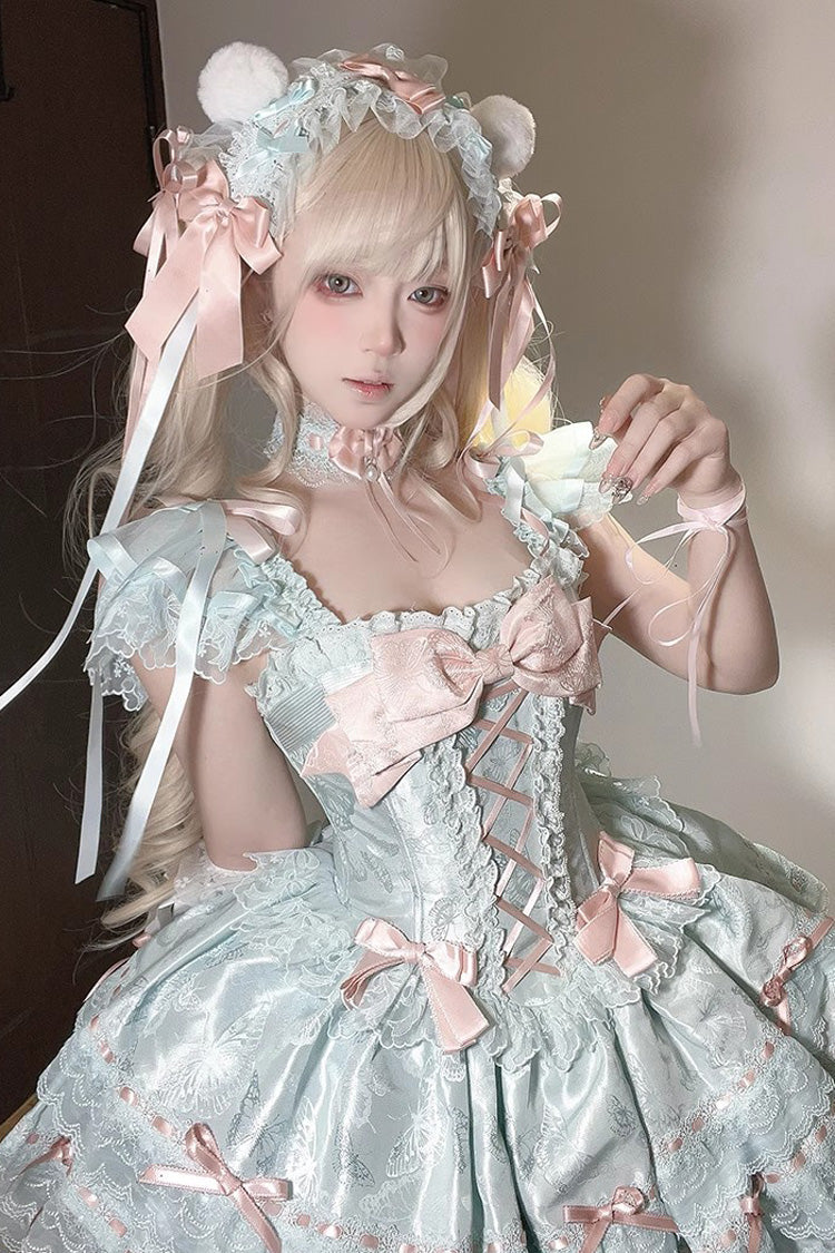 Green Sleeveless Ruffled Bow Lace-Up Sweet Elegant JSK - Flora Isle Butterfly