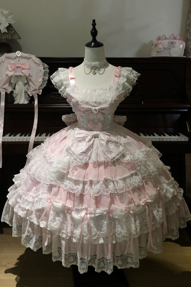 Eternal Floral Message Square Collar Sleeveless Multi-Layered Embroidered Bow Lace Sweet Lolita Jsk Dress - Pink