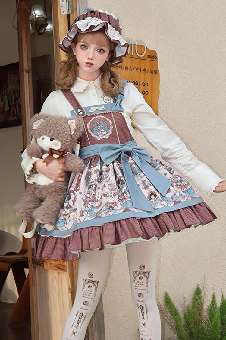 Brown Doll Print Bow Sweet Strap Dress