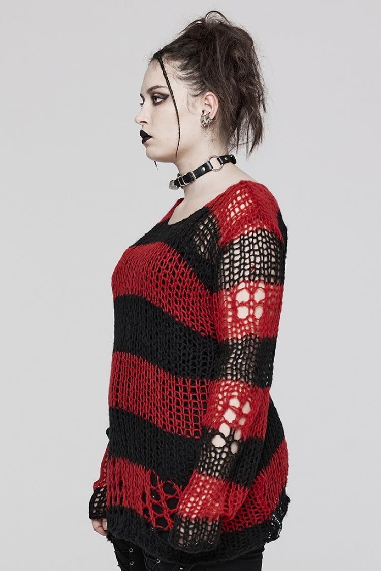 Gothic Striped Sweater - Ripped, Irregular Hem, 4 Shades