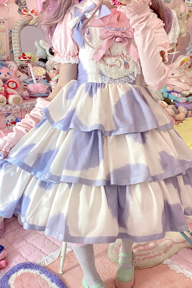 Azure Cow-Print Bowknot Sweet JSK with Triple Ruffles