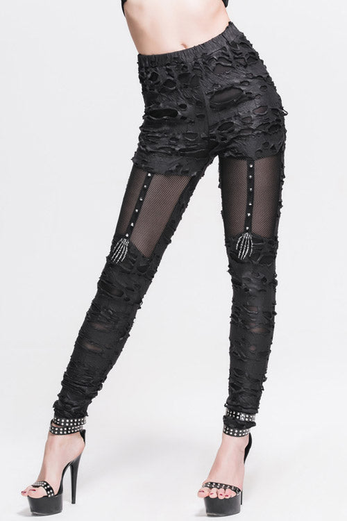 Ripped Knit Pants with Skeleton Palm Motif