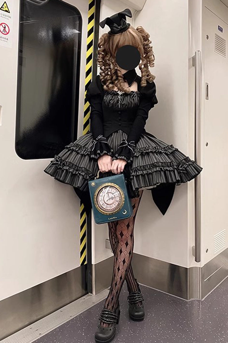 Charcoal Striped Long-Sleeve Ruffled Lace Dress - Duke of the Trap Rabbit