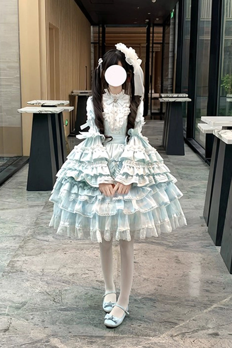 Blue Soloist Doll Long Hime Sleeve Multi-Layer Print Ruffle Bow Asymmetrical Sweet Lolita
