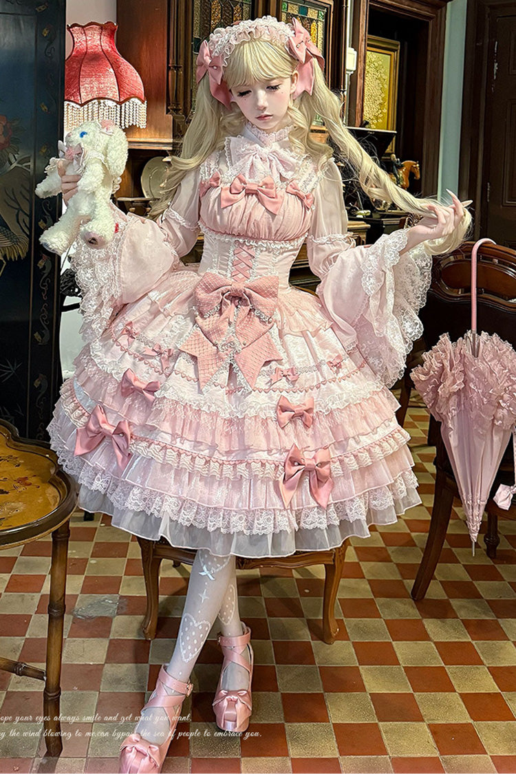 Pink Multi-Layered Ruffled Bow Lace Sweet Gorgeous JSK - Little Lovetine