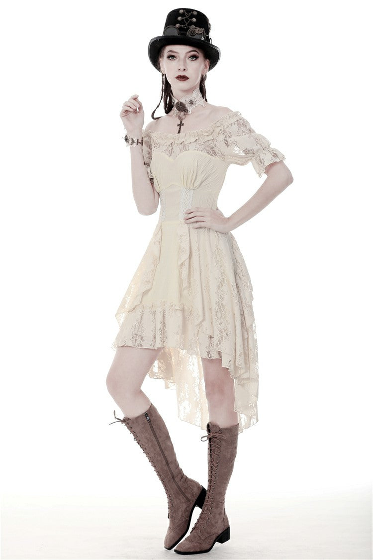 Beige Ruched Off-Shoulder Short Sleeve Steampunk Vintage Gown
