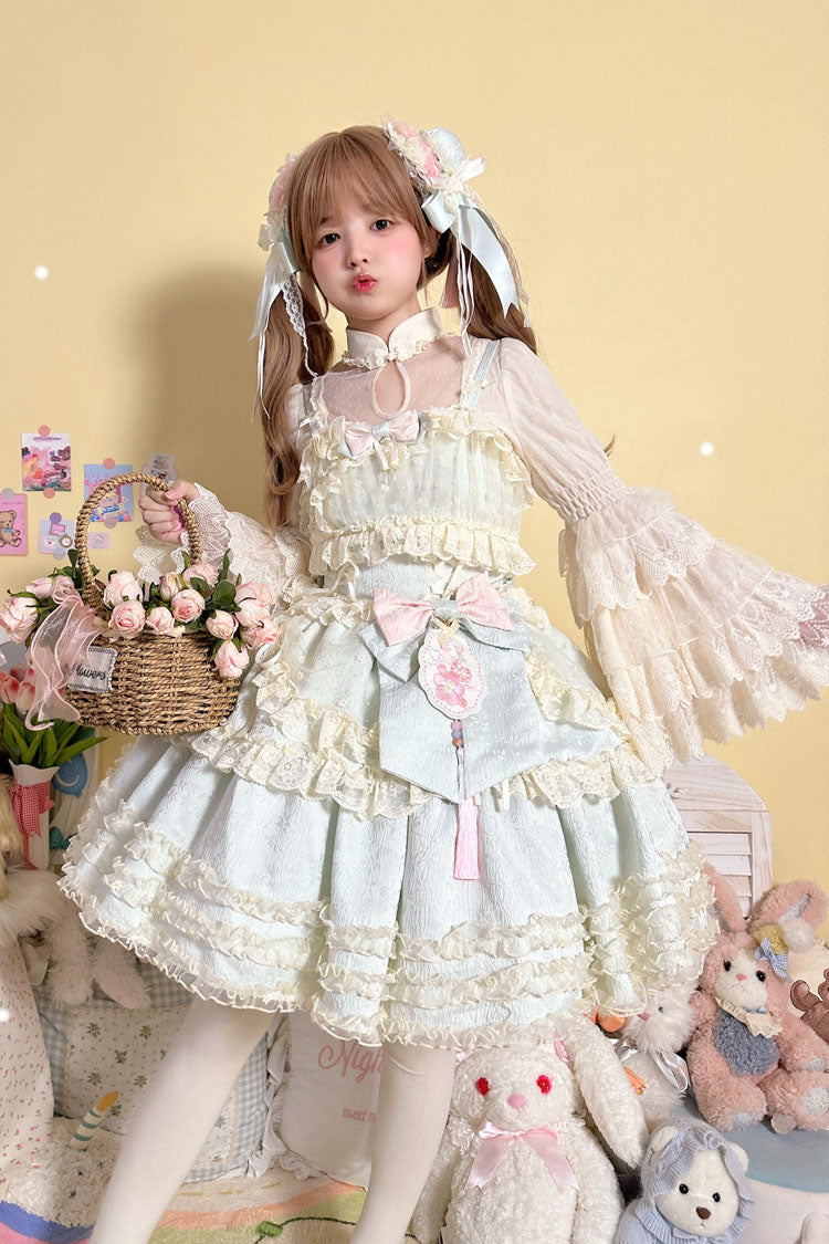 Good Night Peach Sleeveless Multi-Tiered Ruffled Bow Lace Sweet Chinese Style Lolita Jumper Dress Three Colors