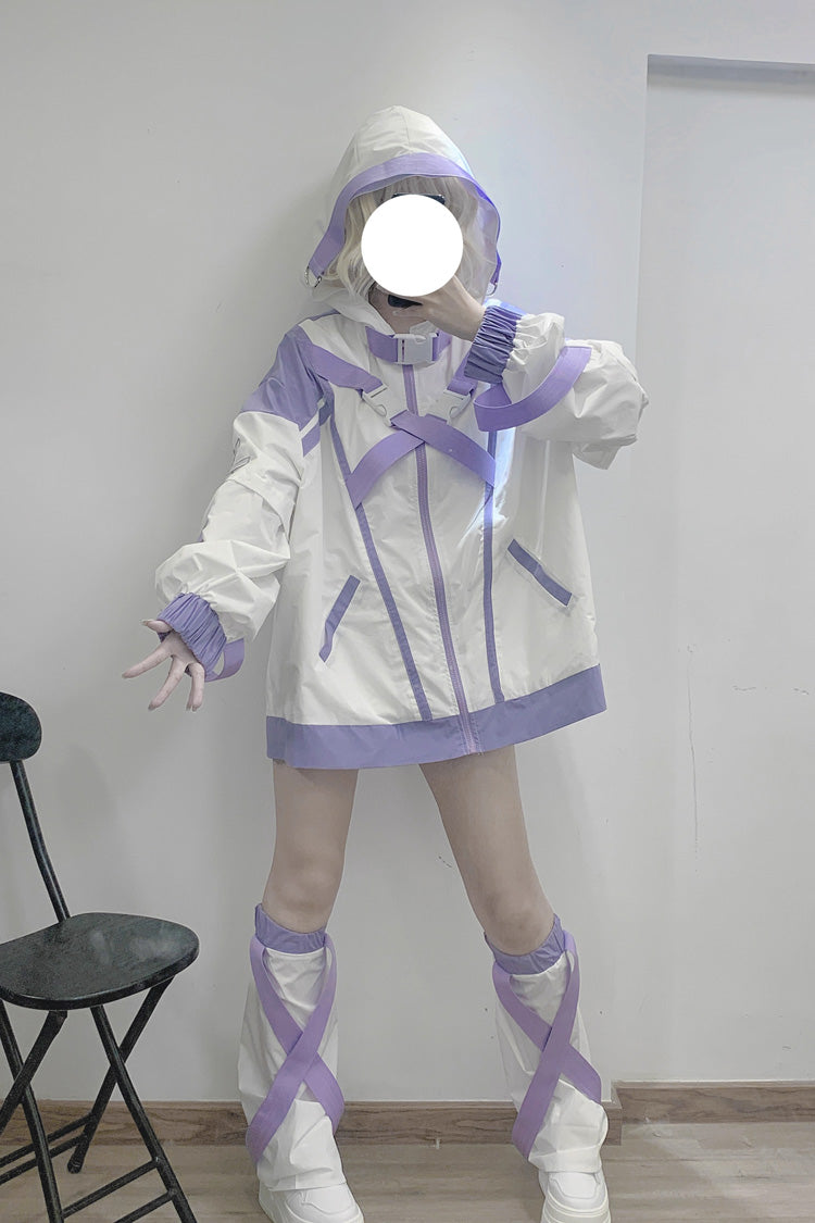 Ivory and Purple Cyberpunk Functional Print Hooded Jirai Kei Sport Jacket