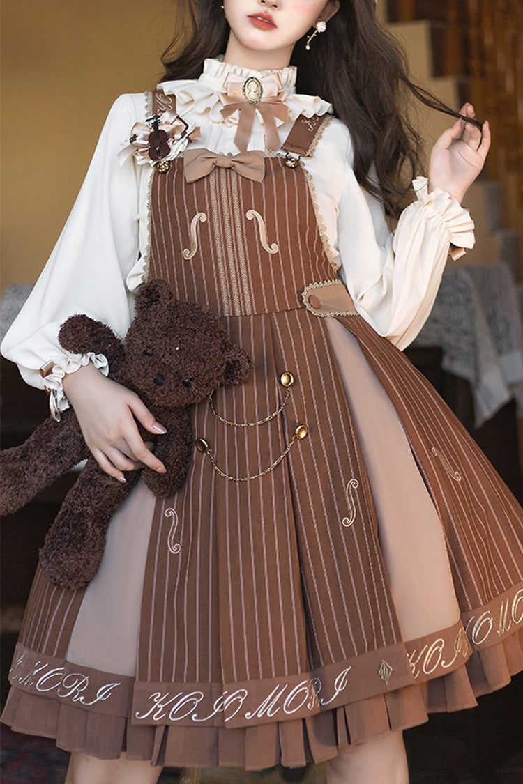 Sweet College Lolita Strap Dress Violin Embroidery Bowknot Ruffled - Two Colors