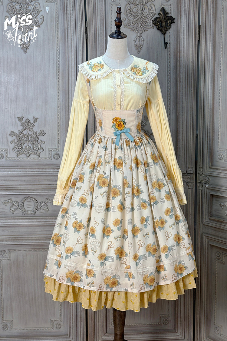 Apricot Sweet Elegant Uplift Lolita JSK Dress with Sleeveless Print Ruffles and Bowknot