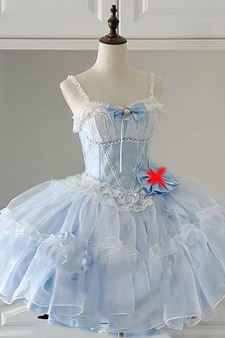 Cerulean and Ivory Porcelain Printed Ruffled Bow Lace Sweet Plus Size Lolita JSK Short Version
