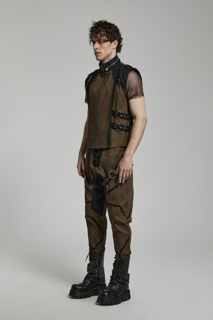 Cocoa Stand Collar Steampunk Vest with Side Webbing and Stitching