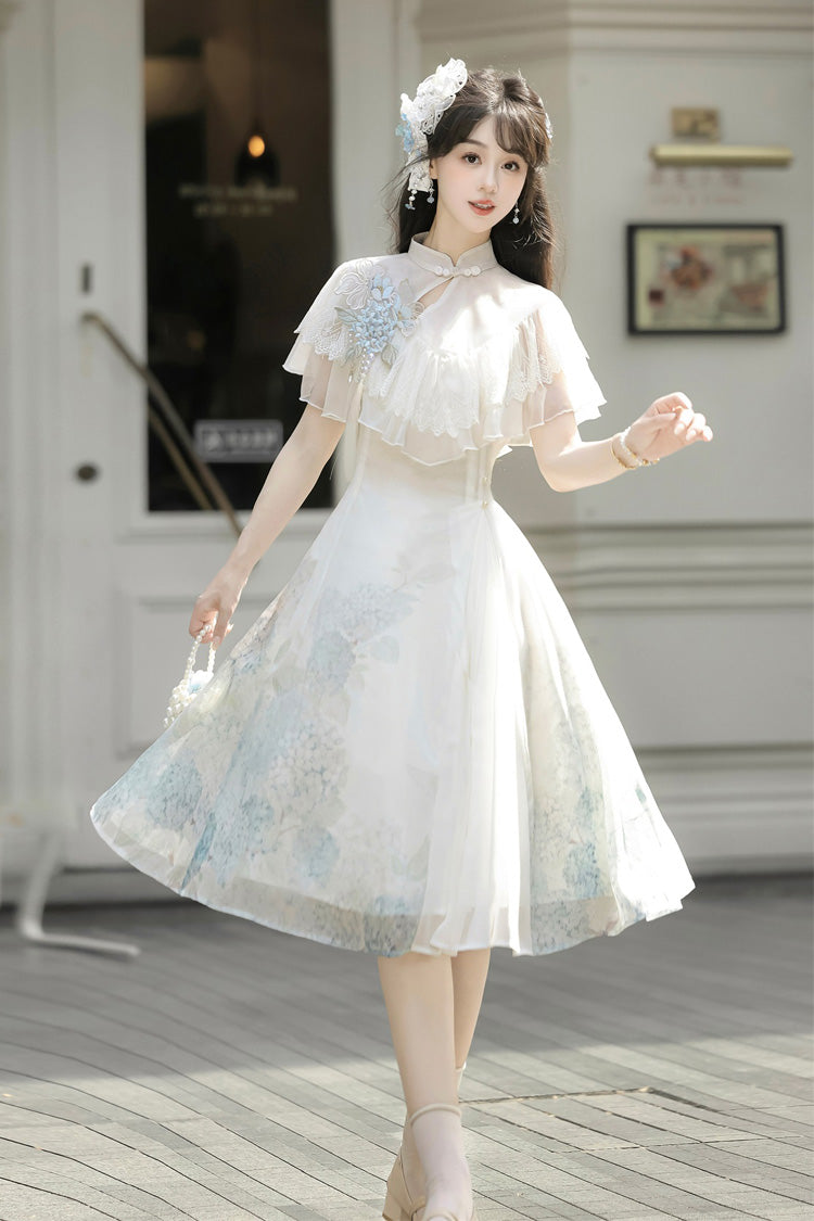 Ivory Print Ruffle Lace Chinese Elegant Short Dress