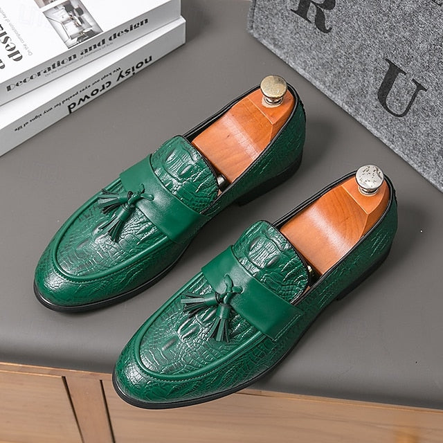 Crocodile Embossed with Faux Leather Men's Loafers Green