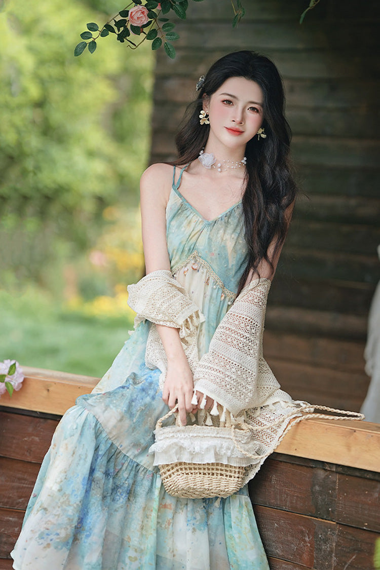 Blue/Green V Collar Sleeveless Classic Lolita JSK Dress Oil Painting Print
