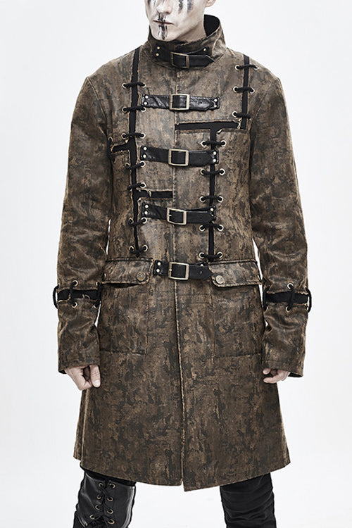 Cocoa Steampunk Patch Long Leather Overcoat for Men