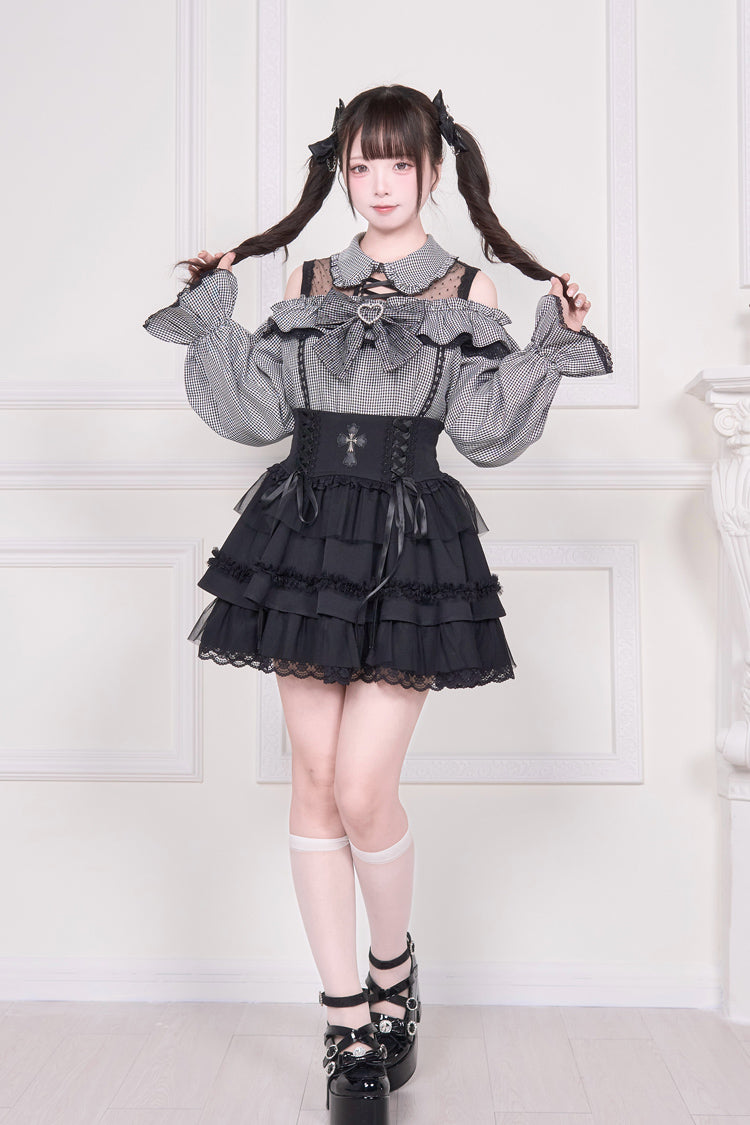 Off Shoulder Bowknot Lace-Up Print Long Sleeve Jirai Blouse in Three Colors