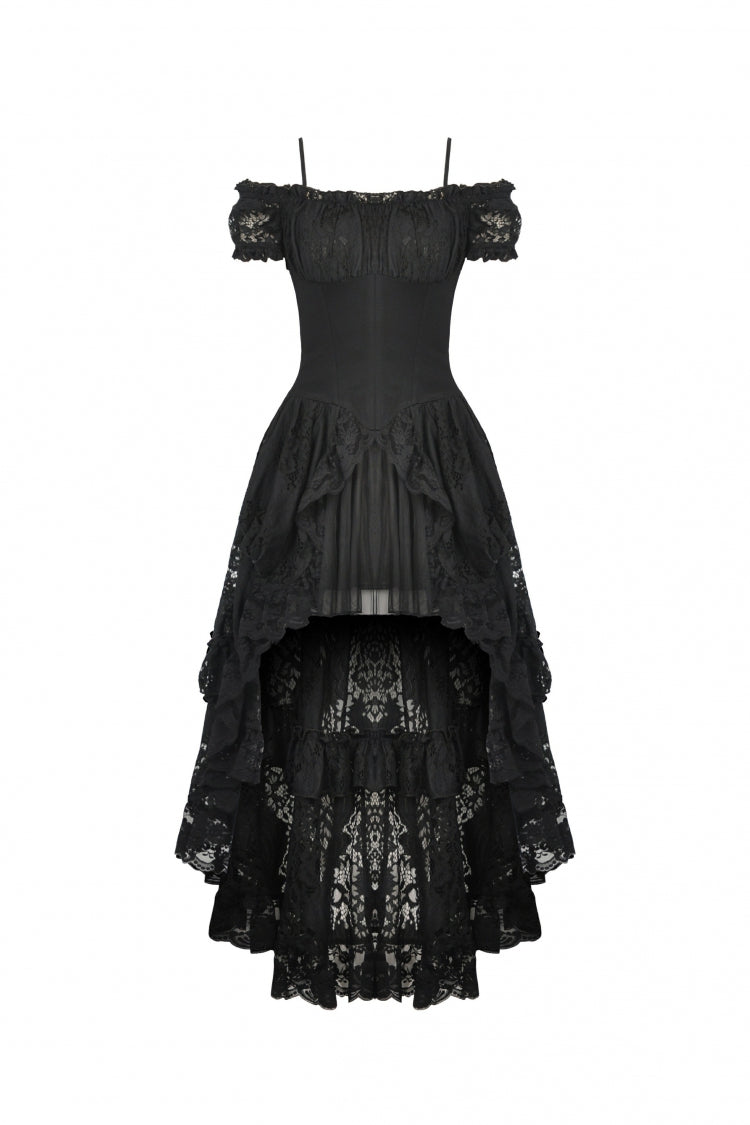 Black Boat Neck Off-Shoulder Short Puff Sleeve Ruffled Lace Lace-Up Irregular Gothic Dress