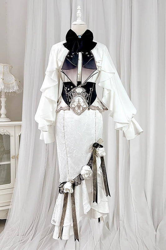 Ivory Jacquard Embroidered Irregular Skirt with Bow - Star Gate