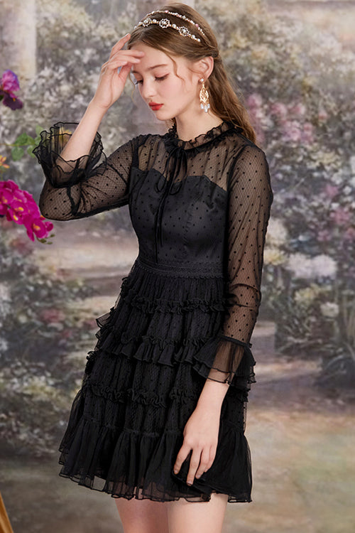 Sweet Lolita Polka-Dot Mesh Black Lace Round-Collar Trumpet-Sleeve Ruffled OP Gown