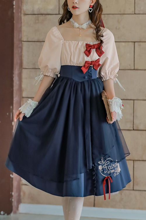 Azure Bubble-Sleeve High-Waist Sweet OP Gown with Snow White Motif