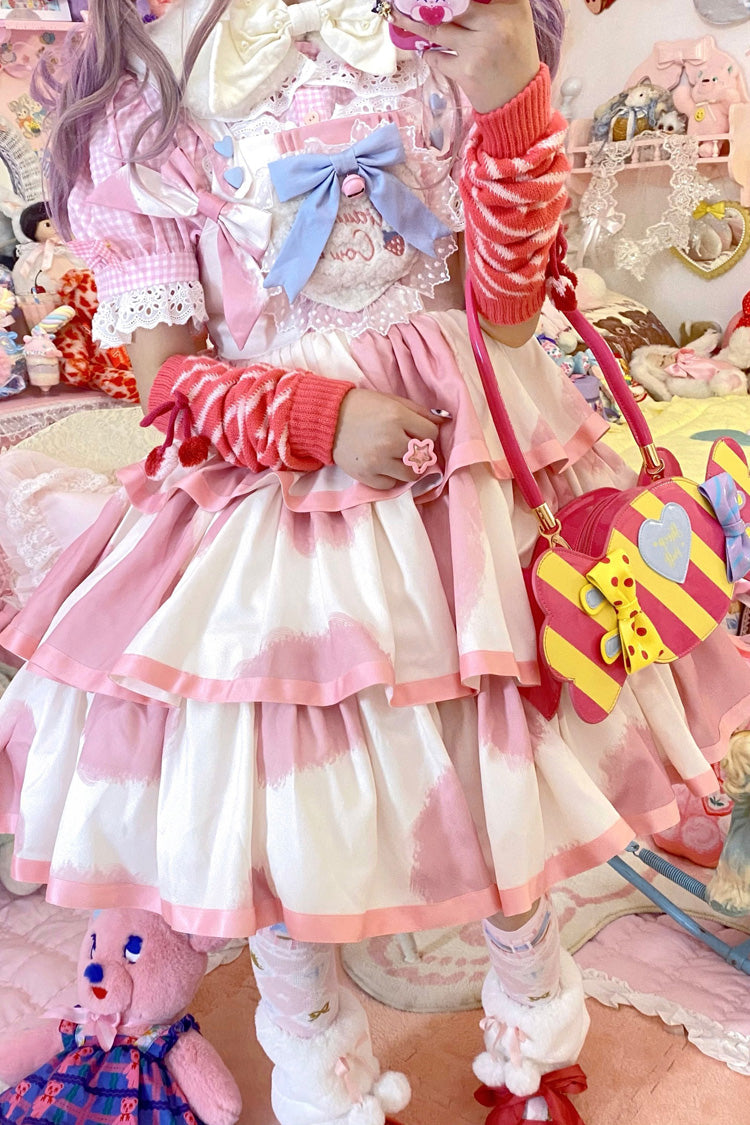 Pink Sleeveless Cow-Print Triple-Layer Ruffle Bow Sweet JSK Dress