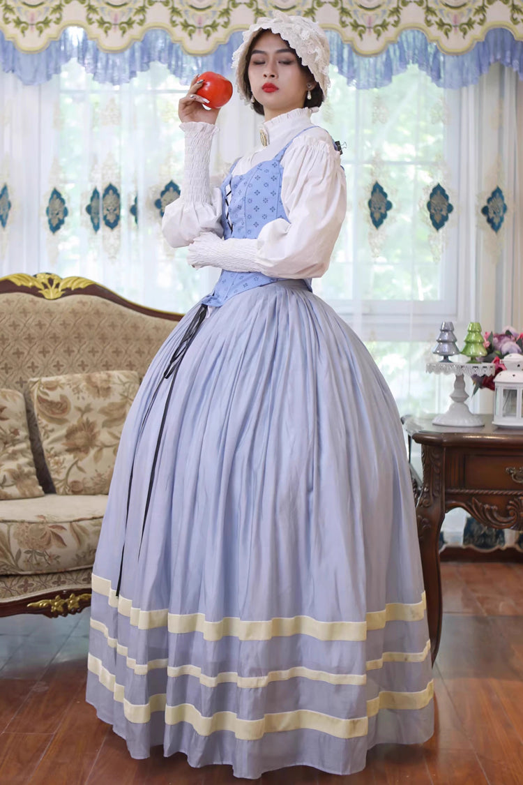 Light Blue Puffed Sleeve Corset Dress with Lace-Up and Fishbone Detail