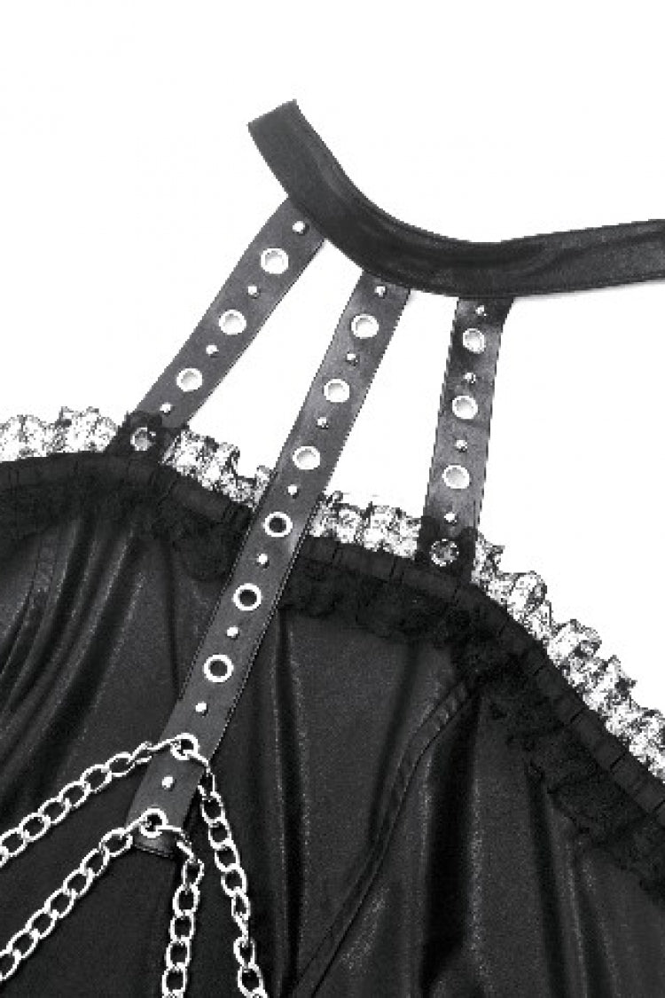 Halterneck Zippered Chain-Decorated Eyelet Punk Faux Leather Dress