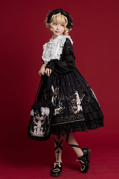 Classic Lolita OP Dress - Ruffled Collar, Long Sleeve, Print