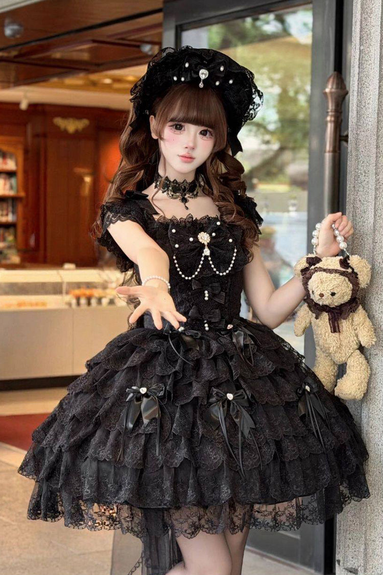Black Square Neck Sleeveless Multi-Layered Bow Lace Pearl Gothic JSK - Featherlight Slumber