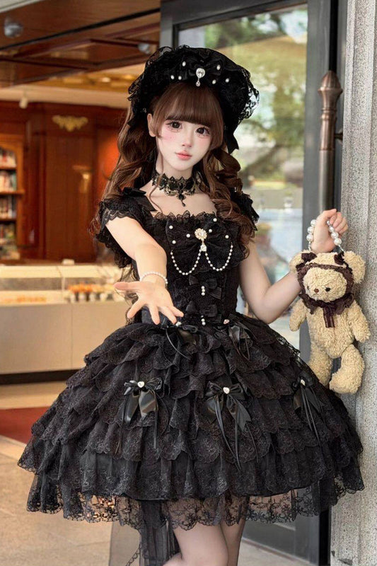 Black Square Neck Sleeveless Multi-Layered Bow Lace Pearl Gothic JSK - Featherlight Slumber