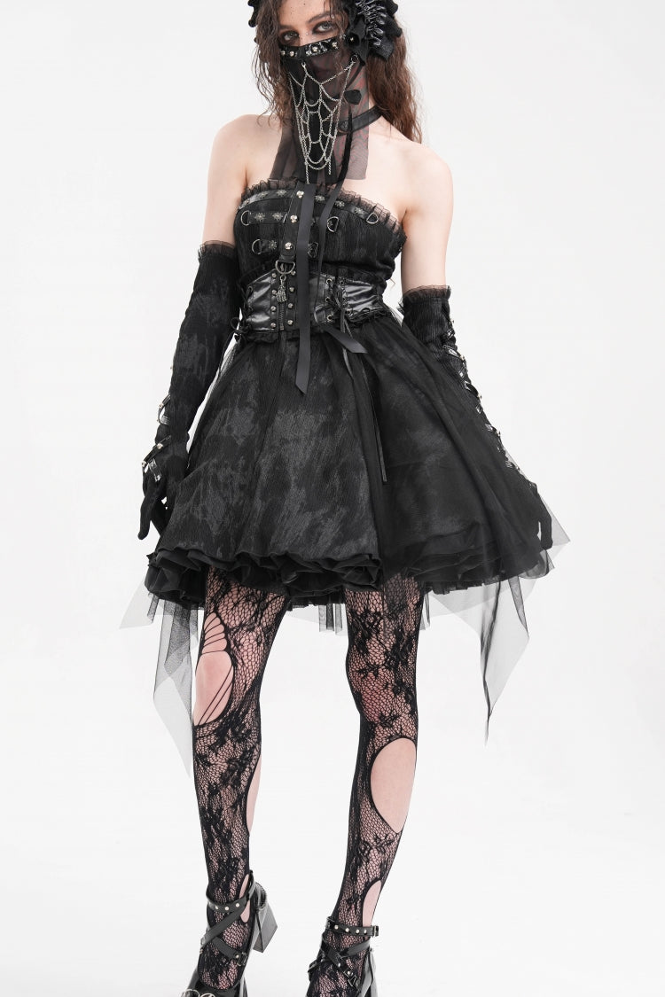 Gothic A-Line Short Gown with Backless Halterneck Cut