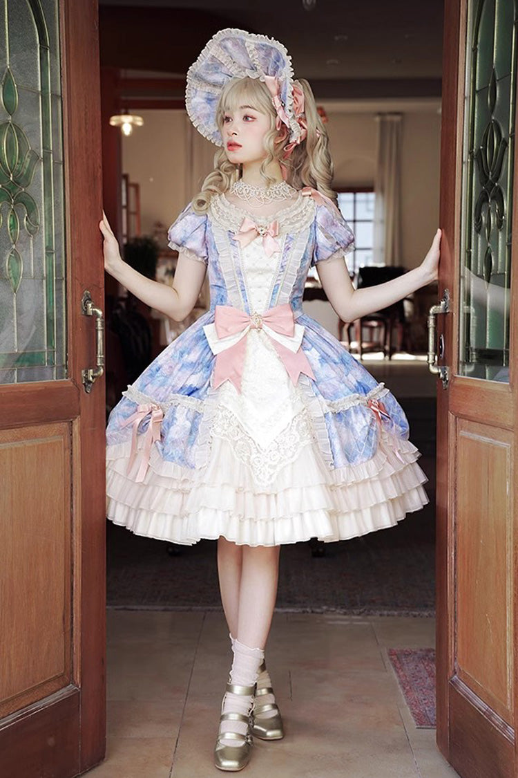 Angel Heart Sky Oil Painting Printed Bow Cardigan Sweet Lolita Dress - Multi-Color