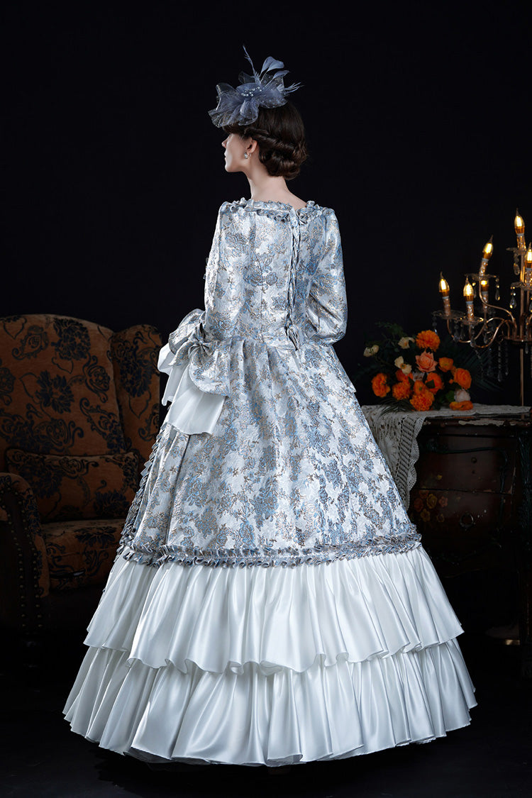 Azure Vintage Trumpet-Sleeve Embroidered Bow-Front Palace Gown
