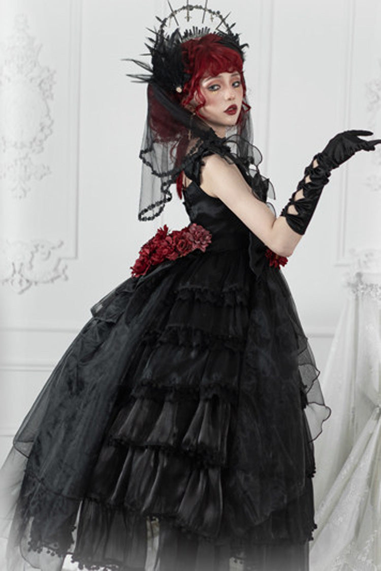 Hanayome Gothic Lolita JSK Dress with Pearl and Bow, Black