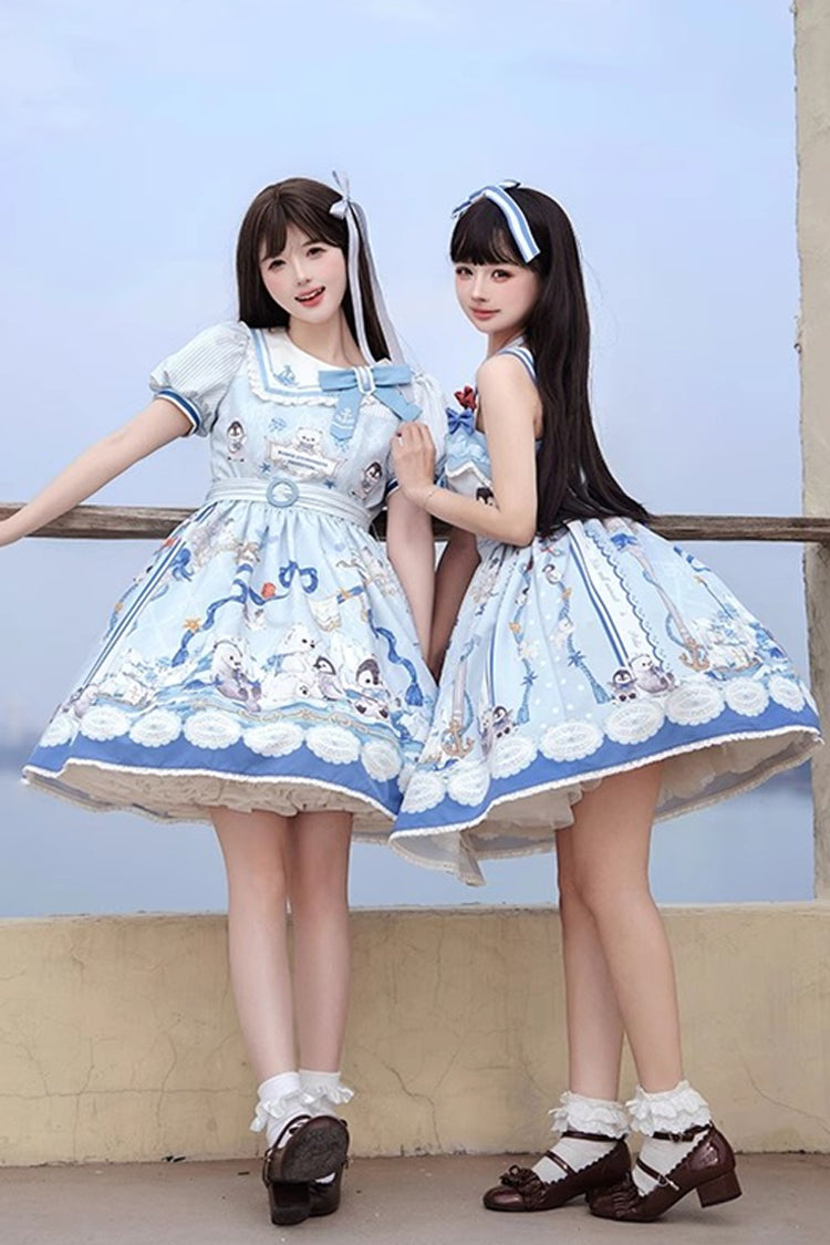 Penguin Navy Short Sleeve Print Ruffle Bow Princess Lolita Dress in Blue