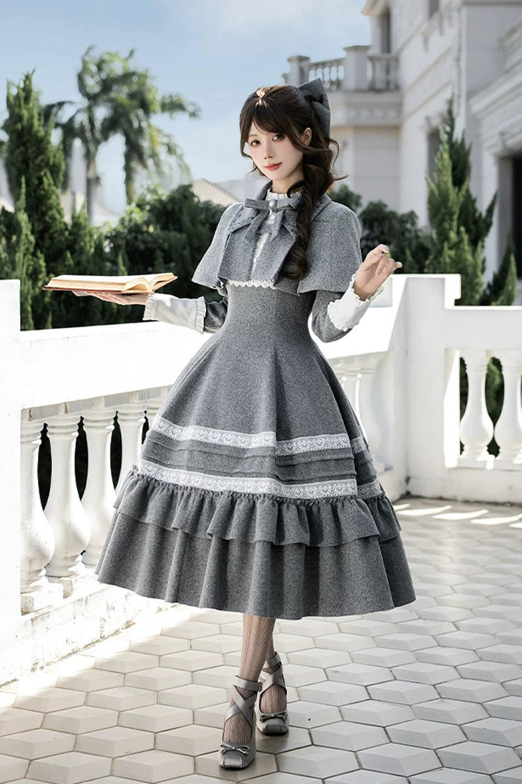 Classic Elegant Lolita Dress with Stand Collar and Ruffled Bow - Grey