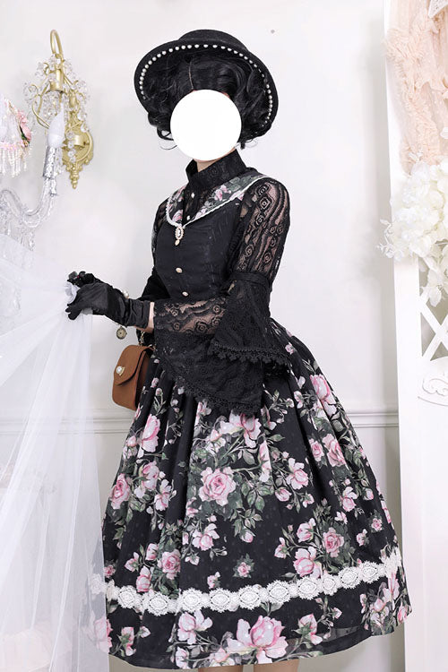 Black French Rose Floral Print V-Neck Sleeveless Ruffled Classic Lolita JSK Dress - Altfashion Shop