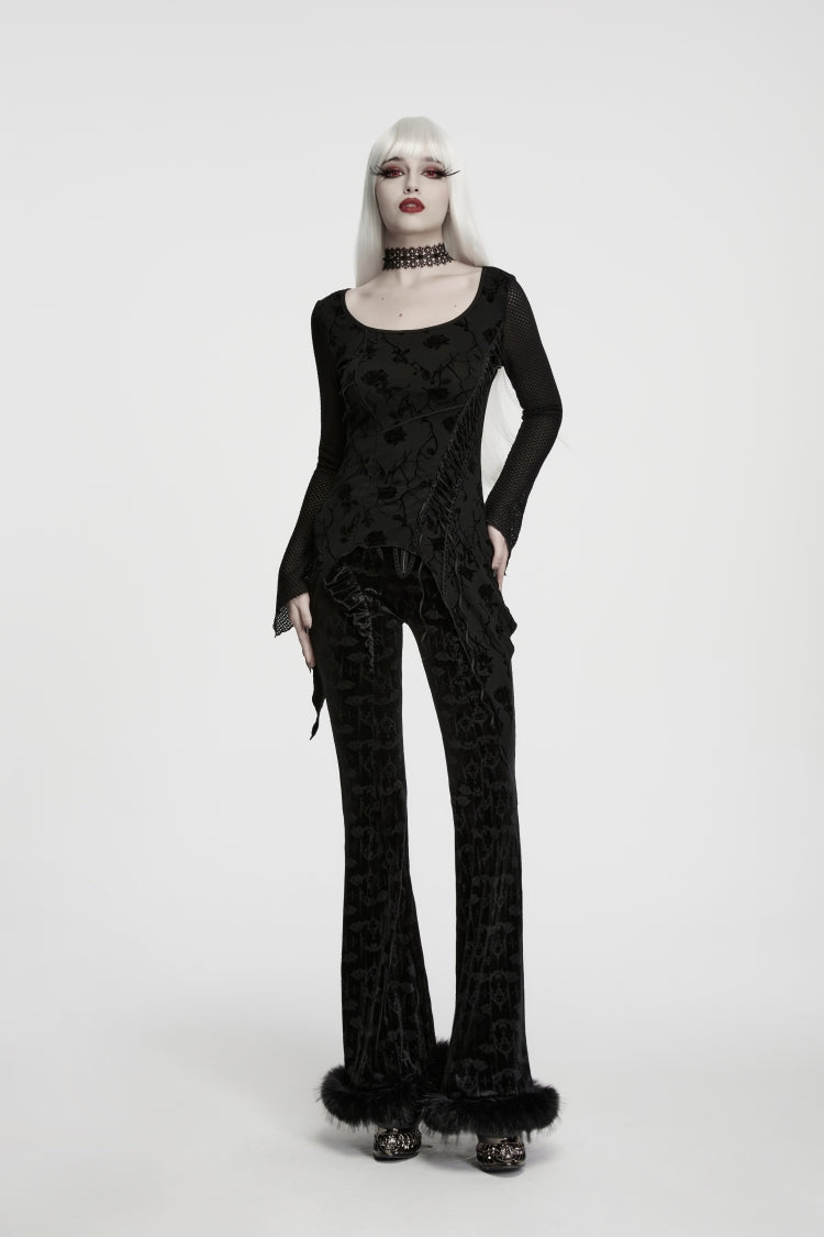 Charcoal Crewneck Long-Sleeve Jacquard Lace-Up Asymmetric Elegant Gothic Top for Women