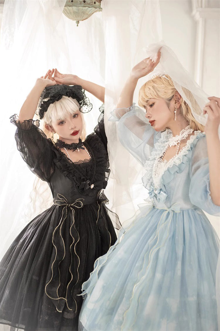 Black Planet Butterfly Printed Gothic Lolita Dress - High-Waisted Ruffled Lace