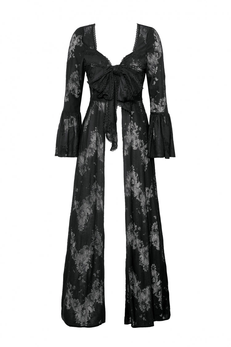 Jet-Black Elegant Robe with Lace Trim and Lacing for Women