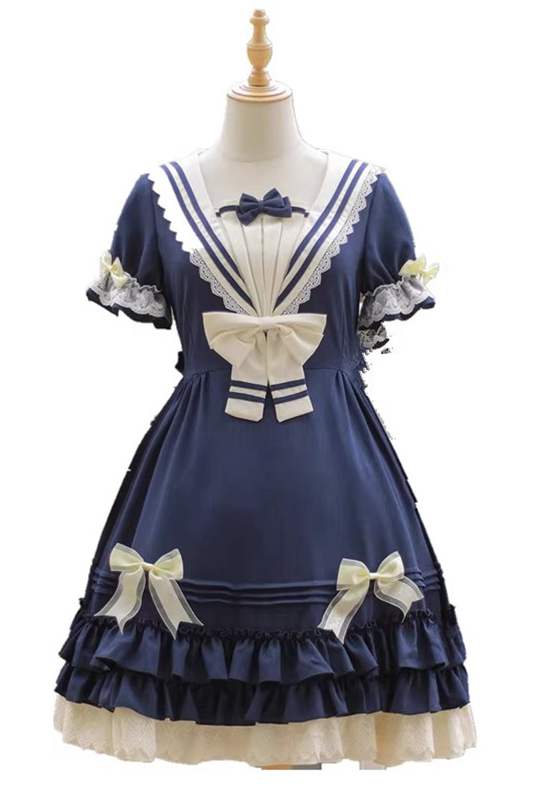Navy-Inspired Sweet Lolita Dress with Short Sleeves and Bow in 4 Colorways