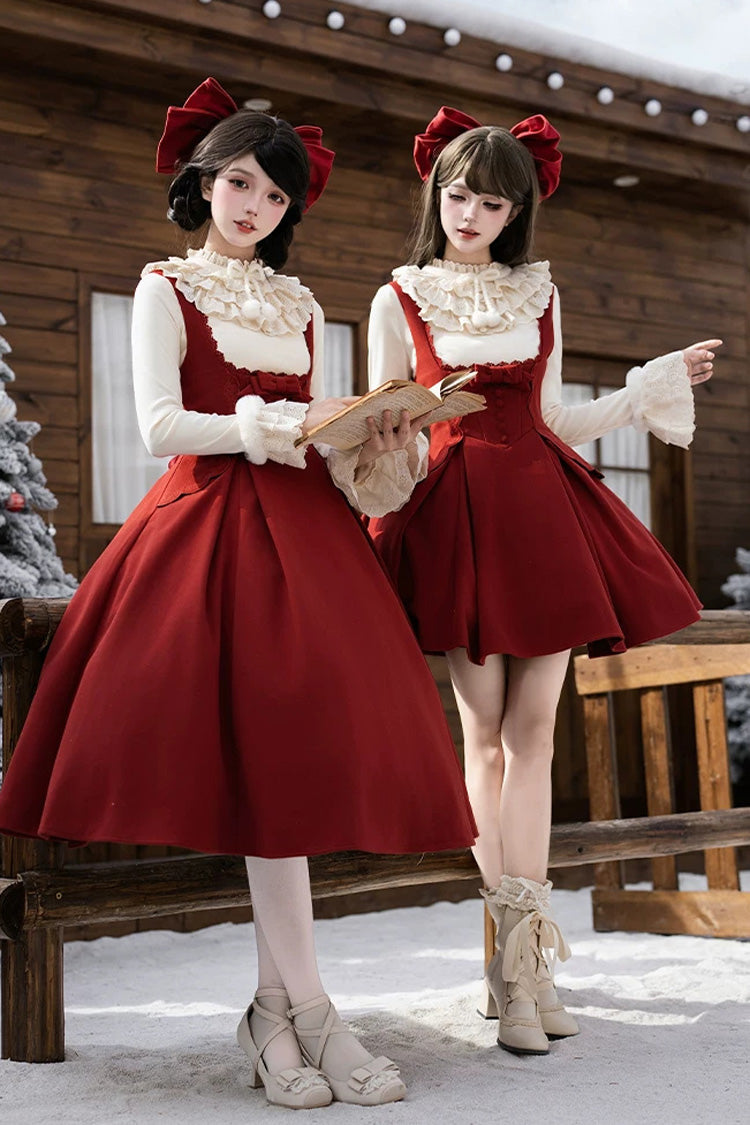 Classic Elegant Lolita Bandeau Dress with Embroidered Bow - Red