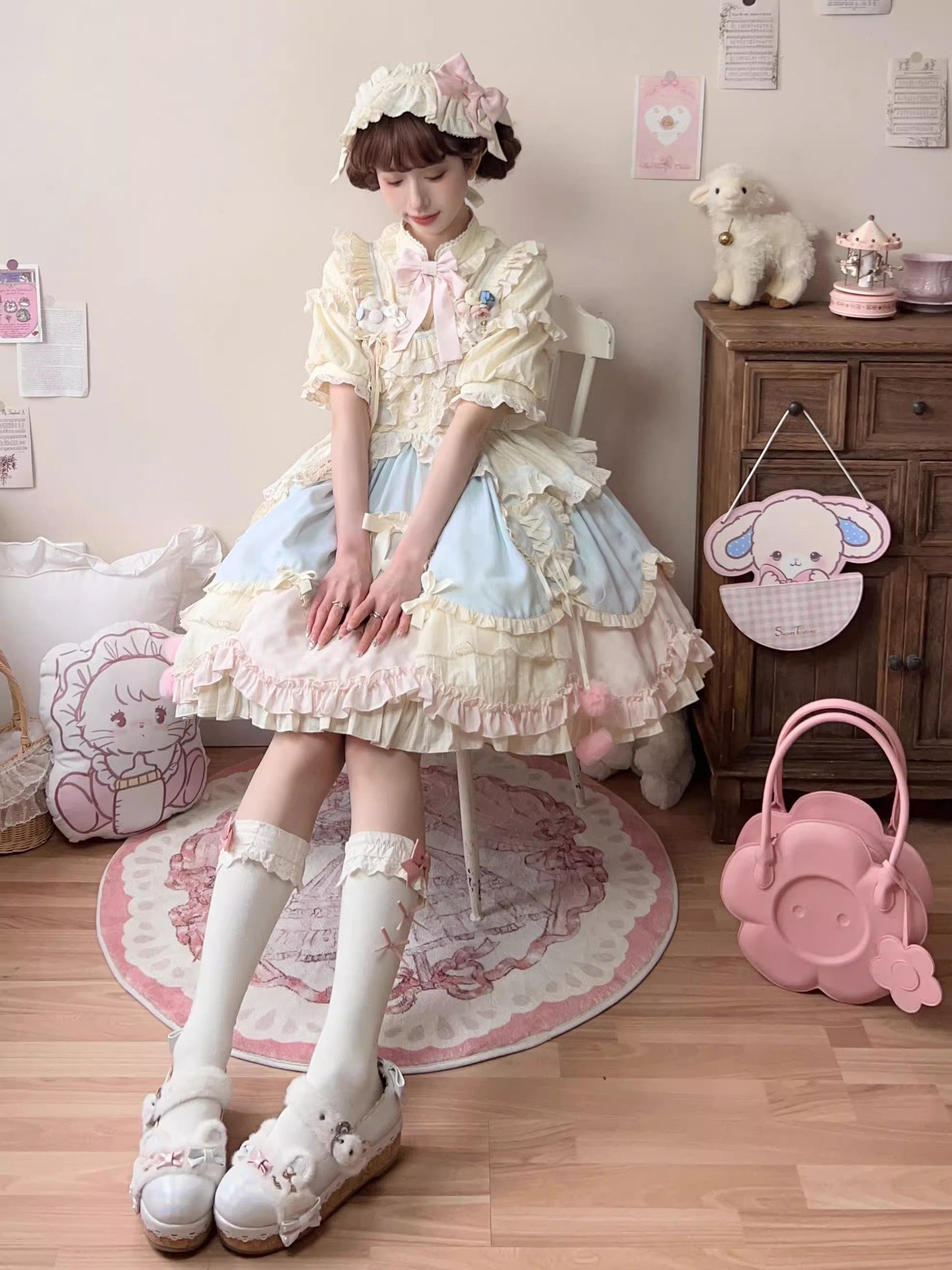 Sleeveless Multi-Layer Ruffle Bow Lace Sweet Lolita Jumper Dress Short - Multi Color